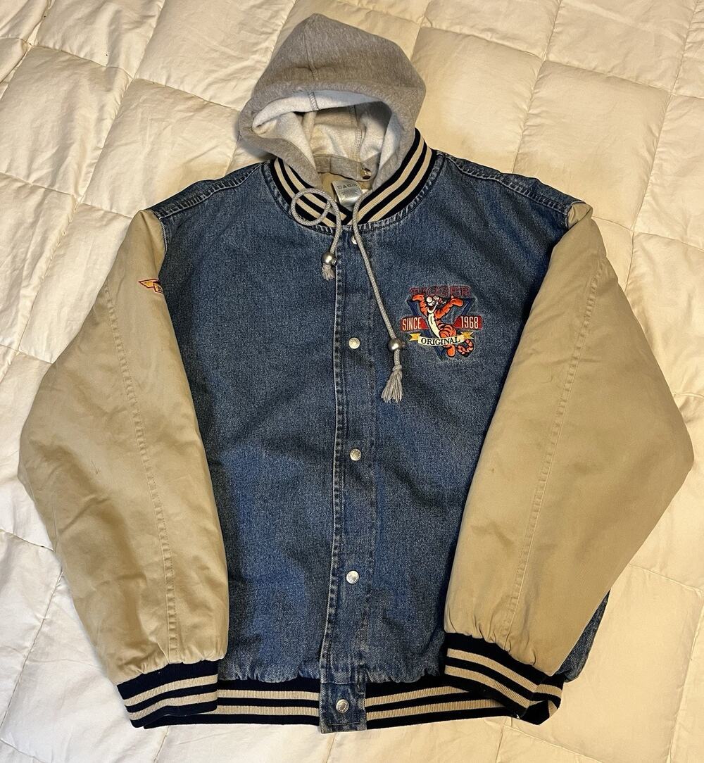 Vintage 90s Disney Store Tigger Varsity Hooded Bomber Jacket L Denim Embroidered
